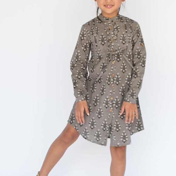 NEW Boho Kid Long Sleeve Print Dress w/ Drawstring - Picture 2 of 4